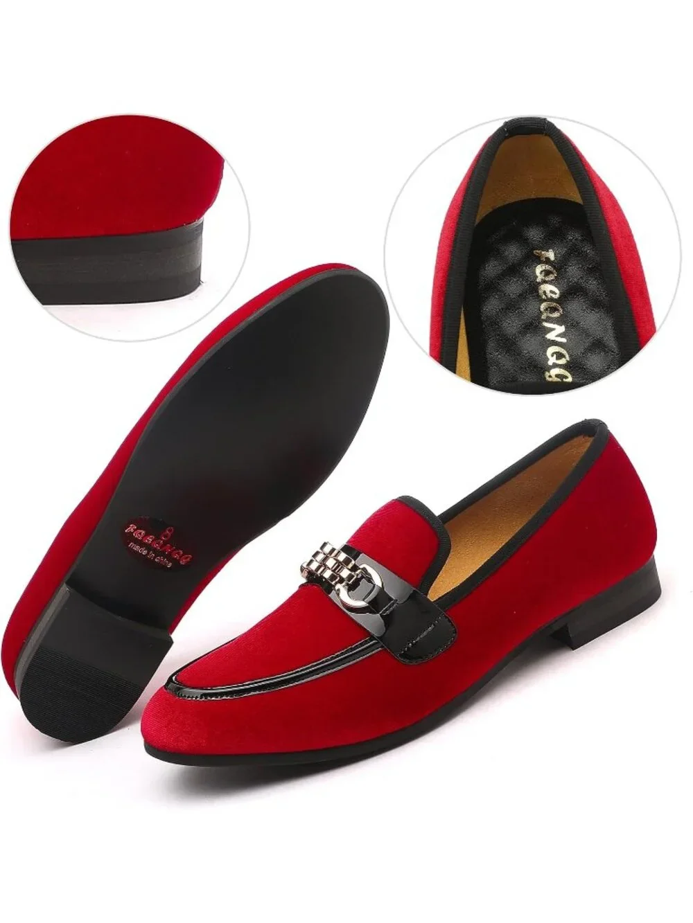 Men's Bright Red Velvet Gold Horse Bit Classic Loafer Slip On Casual Dress Shoes